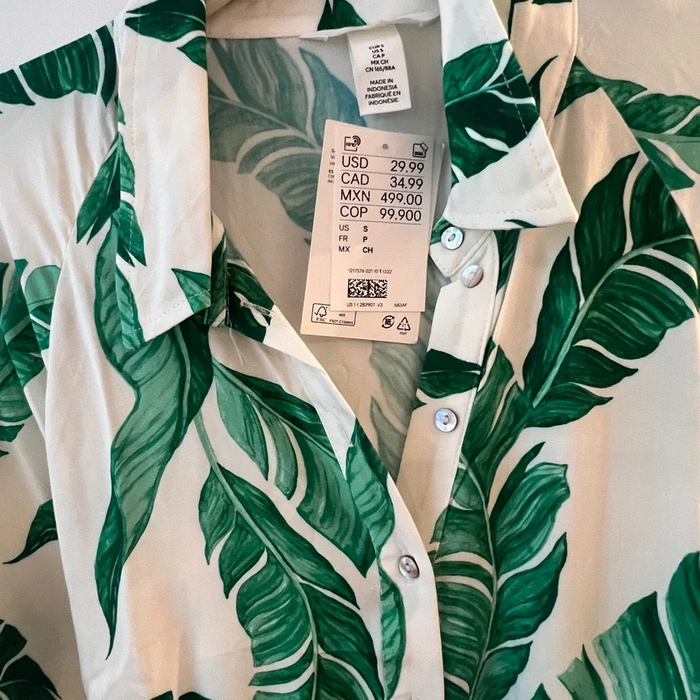 H&M Tropical Green Leaf Print Shirt Dress - Picture 2 of 5